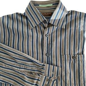 Tommy Bahama Island Soft Men’s Medium Button Down Brown Blue Stripe Shirt
